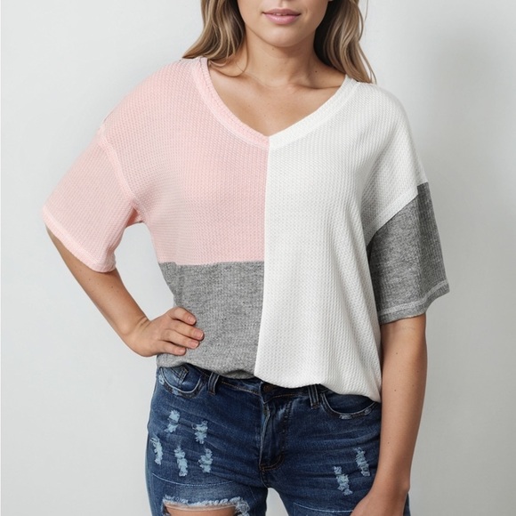 🔥🔥Multi Color Waffle Color Block Short Sleeve Top - Picture 2 of 5